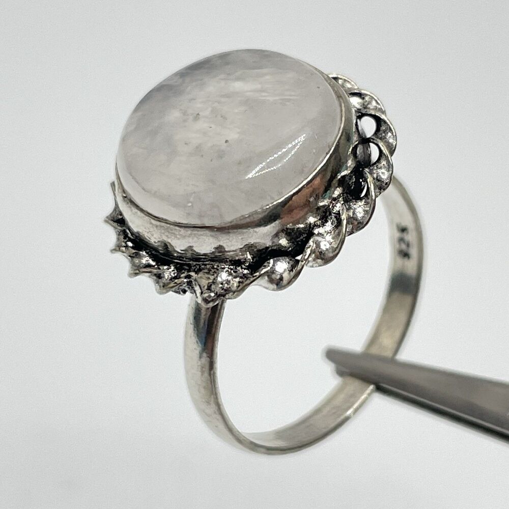 Silver Round Cut White Moonstone Gemstone Bezel Set Ring Sz 9 Boho